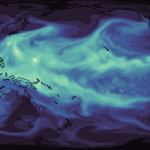 Image of a dark blue flattened projection of the Earth, with lighter blue areas showing the circulation of the atmosphere.